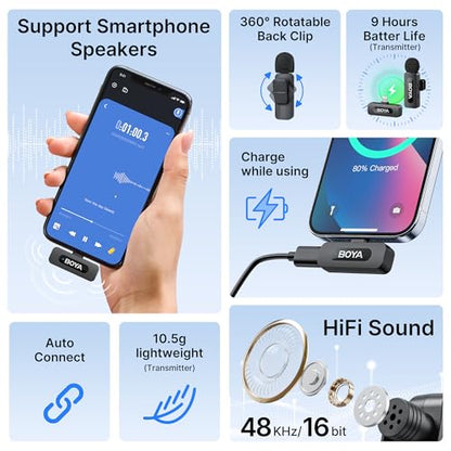 BOYA BY-V1 Wireless Microphones for iPhone iPad with MFi Certified Lightning Port, 328ft Range, 9H Battery Life, Noise Reduction Mini Mic Clip on Lapel Microphone Wireless for Video Recroding - size: 1TX+Lightning RX