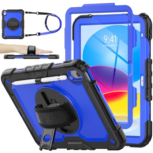 SEYMAC stock Case for iPad (A16) 11th/10th Generation 11''/10.9'' 2025/2022, Full-Body Drop Protection Case with Screen Protector &360° Rotate Hand Strap/Stand, Blue+Black - color: Blue+Black, size: Case for iPad (A16) 11th/10th Generation 11/10.9''