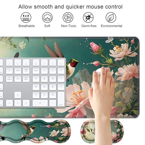 4 in 1 Ergonomic Keyboard Wrist Rest & Mouse Pad Wrist Rest Set, Large XXL Gaming Desk Mat 31.5"x 11.8" with Non-Slip Base, Memory Foam for Home Office Study Gaming, Hummingbird Flowers - color: Hummingbird Flowers