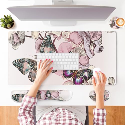 QIYI Leather Desk Mat Set, 4-in-1 Large Mouse Pad with Ergonomic Wrist Rest, Waterproof Desk Pad + Keyboard Wrist Rest + Mouse Wrist Support + Coaster, Non-Slip Office Gaming Accessories, Butterflies - color: Floral Butterflies