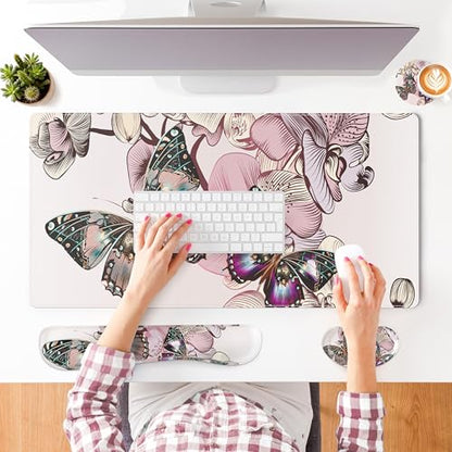 QIYI Leather Desk Mat Set, 4-in-1 Large Mouse Pad with Ergonomic Wrist Rest, Waterproof Desk Pad + Keyboard Wrist Rest + Mouse Wrist Support + Coaster, Non-Slip Office Gaming Accessories, Butterflies - color: Floral Butterflies