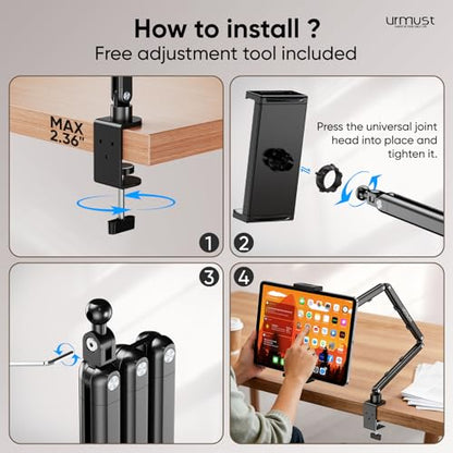 Urmust Tablet Stand for Desk, Adjustable iPad Holder for Bed, 360° Rotation, Sturdy Aluminum Tablet Arm Mount for 4.7"-15.6" iPad Pro/Air/Mini, iPhone, Galaxy Tab, for Kitchen, Work, Video Call - size: 3 Arm-Up to 15.6"