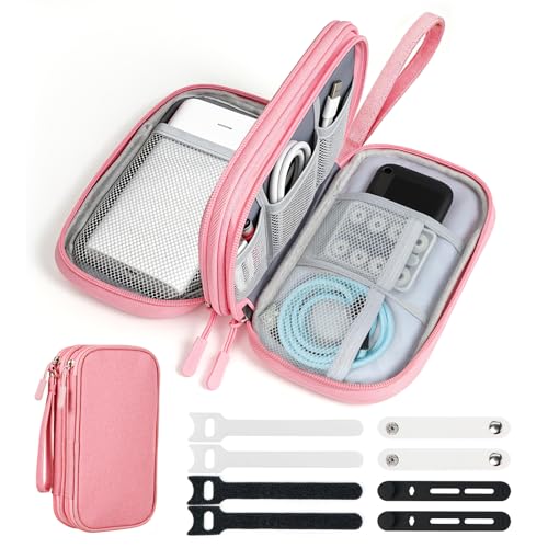 Travel Essentials Electronics Organizer, Double Layers Cable Organizer Bag for 3ft+ Cords, Waterproof Tech Pouch for Charger, Phone & Airplane Gadgets, Pink - color: Pink, size: Small