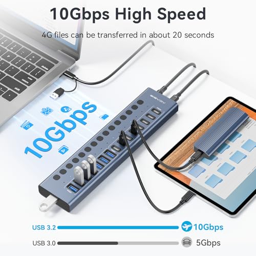 ACASIS 16 Ports Powered USB 3.2 Hub (8 USB-A 3.2 +8 USB-C 3.2) | Aluminum USB Hub Powered with 96W Power Adapter, USB Hub for PC/Laptop, Computer, Flash Drive, Printer, Camera - color: Gray