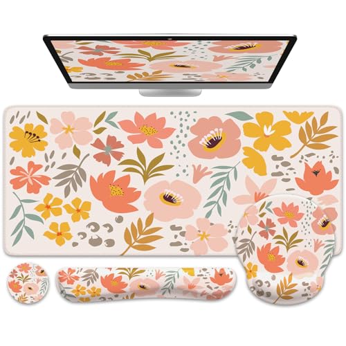 iCasso Desk Cover Mat, 4in1 Floral Large Mouse Pad with Wrist Rest, Desk Matt for Desktop, Anti-Slip XXL Big Computer Ergonomic Mousepad with Wrist Support for Keyboard and Mouse (Colorful) - color: Colorful
