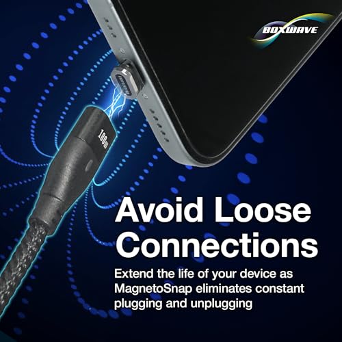 BoxWave Cable Compatible with SJCam FunCam - MagnetoSnap PD AllCharge Cable (100W), Magnet Charging Braided USB Type-C Micro - Jet Black