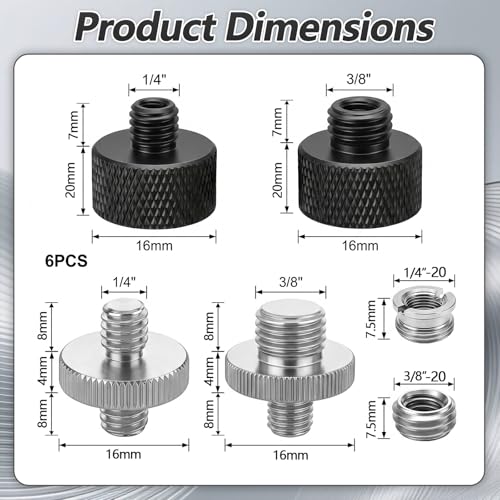 6 PCS 1/4 to 3/8 Adapter Tripod Screw Adapter, Tripod Accessories Camera Screw Adapter Adapter Thread for Mount Tripod Mic Stand Microphone Stand
