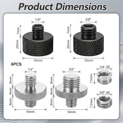 6 PCS 1/4 to 3/8 Adapter Tripod Screw Adapter, Tripod Accessories Camera Screw Adapter Adapter Thread for Mount Tripod Mic Stand Microphone Stand