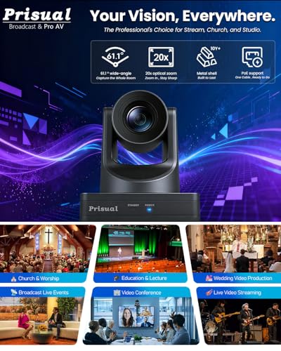 Prisual NDI 6.1.1 PTZ Camera, Ai Auto-Tracking, 20x Optical Zoom LAN USB3.0 PoE HDMI PTZ Camera for Church Services Worship Education Live Events(Official NDI Certified) PT20X-UL-N - color: Metallic Gray