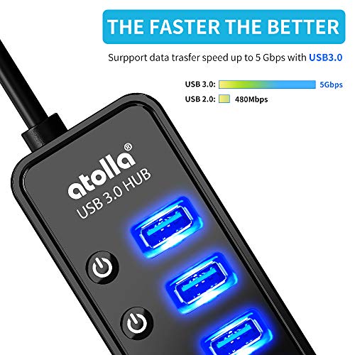 Powered USB Hub 3.0, Atolla 8-Port USB 3.0 Data Hub Splitter with One Smart Charging Port and Individual On/Off Switches and 5V/4A Power Adapter USB Extension for MacBook, Mac Pro/Mini and More - size: 8-Port USB 3.0 Hub