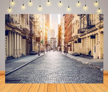 10x8ft New York Manhattan City Street Backdrop Empty Street Old City Background New York Downtown NYC Street Classic Luxury Apartment Building Photo Background Photo Studio Prop - size: 10x8FT