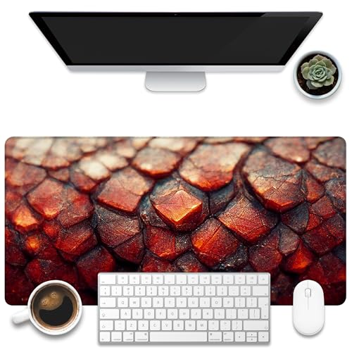 Desk Mat, Red Fire Dragon Scales Desk Pad, Cool Dragon Large Gaming Mouse Pad for Desk, 31.5"x15.7" Extended Big Computer Keyboard Mouse Pad with Non-Slip Base and Stitched Edge - color: Red Fire Dragon Scales
