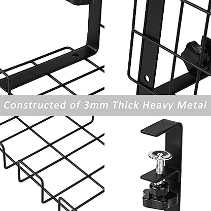 2 Pack Cable Management Under Desk Tray, 16", Black | Clamp Mounted, No Drill Holes Needed, For Computer Home Office Standing Tables, Conceals Power Strips