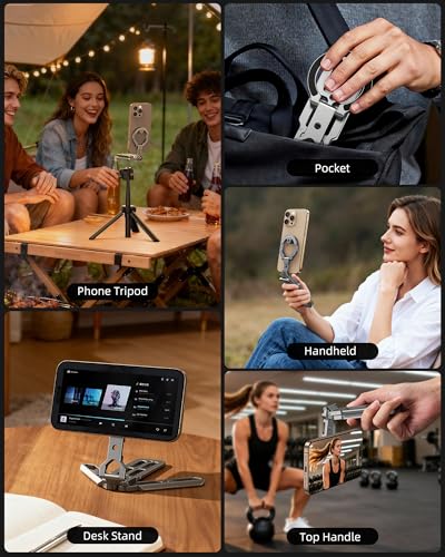 Magnetic Aluminum Phone Tripod Holder Mount Stand Handle with 1/4" Srcew & Cold Shoe & Arca-Swiss,Mini Pocket Foldable Cell Phone Stand,Compatible with MagSafe for iPhone, Fits Gym,Vlog,Travel,Desk