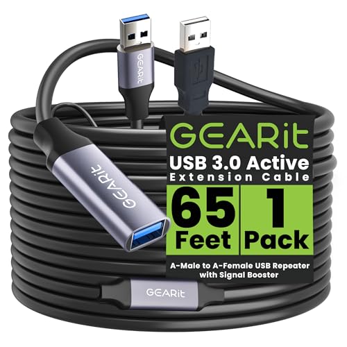 GEARit USB 3.0 Active Extension Cable (65 Feet) A-Male to A-Female USB Repeater with Signal Booster for Oculus Rift, Quest Link, Xbox 360 Kinect, PlayStation, Printer, Webcam - 65ft - size: 65 Feet
