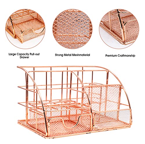 KAAKOW Rose Gold Desk Organizers and Accessories Office Supplies Set Stapler, Pen Holder, Phone Holder, Scissors, Pen, Ruler, 30 Paper Clips, 22 Binder Clip, 20 Tacks and 1000pcs Staples - color: Rose Gold