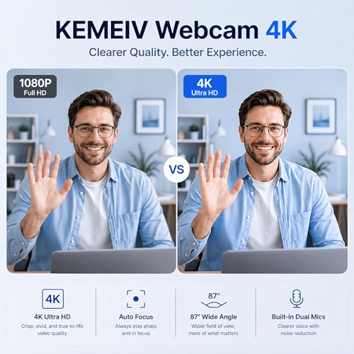 C65 4K Webcam for PC with Autofocus, USB Webcam with Dual Noise-Reducing Mic, Auto White Balance, Low Light Correction, Privacy Shutter, Tripod Included, Streaming Camera for Laptop Desktop Zoom Teams