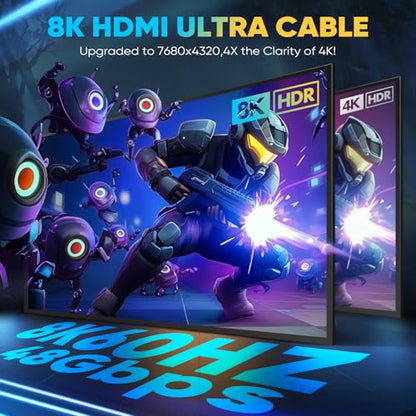 10K 8K 4K HDMI 2.1 Cable 3.3FT/1M, Ultra High Speed 48Gbps Braided Cord, 8K@60Hz 4K@120Hz, HDCP 2.2 & 2.3, HDR10, DTS:X Compatible with Roku TV/PS5/Xbox/HDTV/Blu-ray - size: 8K-3.3FT