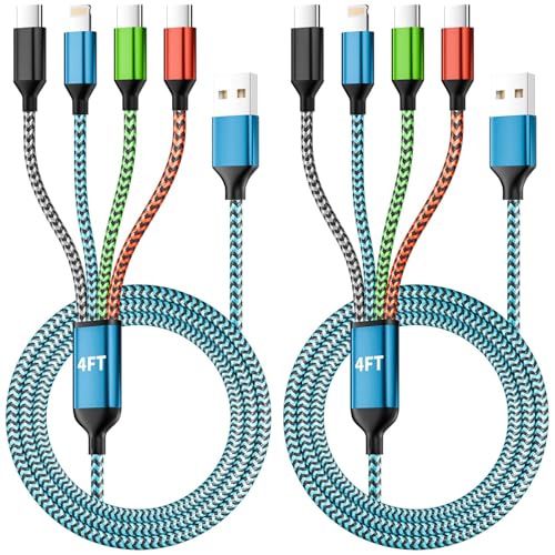 Travel Essentials, Dual Type-C 4 in 1 Multi Charging Cable 2 Pack 5FT Multi Charging Cables for All Devices,Charger Cord Adapter 2USB-C/IP Port for Cell Phones ( Blue&Black,USB A to 3 Type C+1IP ) - color: Blue&Black