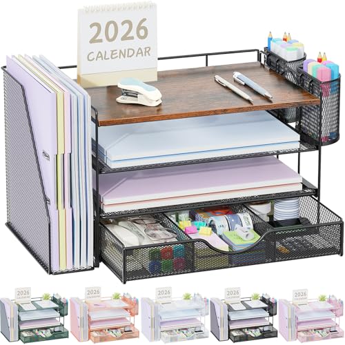 gianotter Desk Organizers and Accessories with File Holder, 4-Tier Desk Accessories & Workspace Organizers with Drawer and 2 Pen Holder, Paper Organizer for Office Supplies (Wood) - color: Wood
