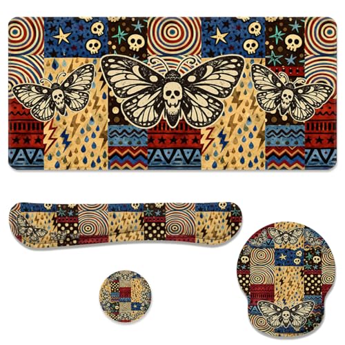 Skull Butterfly Desk Mat Set Vintage Patchwork Large Mouse Pad with Wrist Rest 4in1 Desk Mat for Desktop Ergonomic Computer Desk Arm Wrist Anti-Slip Computer Ergonomic Mouse Pad Home Office Gaming - color: Skull Butterfly
