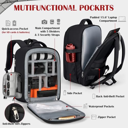 SDYSM Camera Backpack, Hardshell DSLR/SLR Camera Bag with Lens Pouch & 15.6" Laptop Compartment Waterproof Camera Case with Rain Cover Photography Backpack Compatible for Canon/Nikon/Sony/Drone Black - color: Black