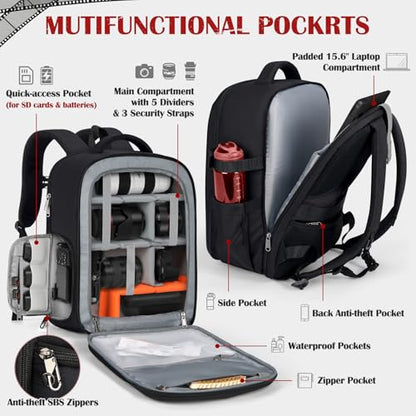 SDYSM Camera Backpack, Hardshell DSLR/SLR Camera Bag with Lens Pouch & 15.6" Laptop Compartment Waterproof Camera Case with Rain Cover Photography Backpack Compatible for Canon/Nikon/Sony/Drone Black - color: Black