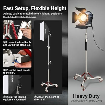 NEEWER Basics 4.3-10ft Photography Light Stand with Casters, 100% Stainless Steel Heavy Duty Tripod Stand for Strobe LED Video Ring Light Monolight Softbox Reflector, 66lb Max Load, SC305B