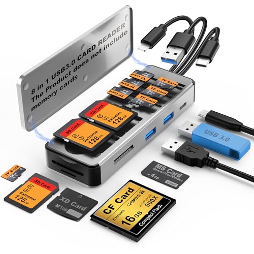 8in1 Multi SD Card Reader Adapter Aluminum with Card Storage Carrying Box SD/TF/CF/MS/XD/Cfast/Memory Stick Pro Duo USB3.0 C&A Port for Phone/Pad/PC/Laptop,No Application Required Plug and Play - color: DarkGrey