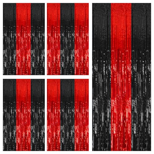 5 Pack Black and Red Party Backdrop Streamers Decorations Foil Fringe Curtains Metallic Tinsel Backdrop for Birthday Halloween Christmas New Year Fancy Ball Graduation Party Decor - color: Black Red, size: 5 Pcs