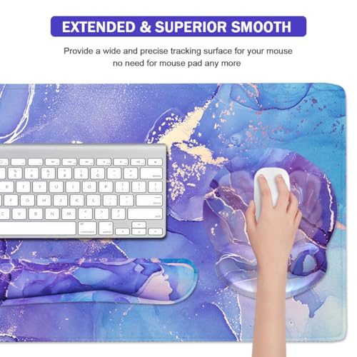 4-in-1 Gaming Mouse Pad Wrist Support Set，Desk Pad + Mouse Pad with Wrist Rest + Keyboard Wrist Rest + Coaster, Ergonomic Design for Home Office Study Game - Purple Marble - color: 4 Pcs Purple Marble