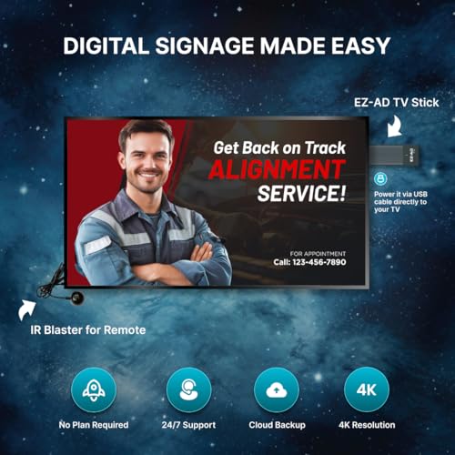 EZ AD TV - AI Digital Signage Stick - Cloud Controlled AI Digital Signage Media Player - AI Creates Content On Digital Display Board - Powerpoint uload 4K Media Player + Mobile App W/Template Builder