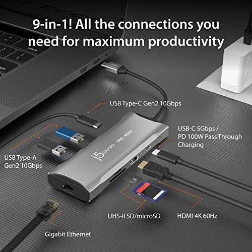j5create Laptop Docking Station, 9-in-1, 4K60Hz HDMI, USB-C 10Gbps, 2 USB-A 10Gbps, 100W PD with USB-C 5Gbps, Ethernet, SD 4.0 Card Reader, for MacBook, XPS, Surface Pro (JCD393)