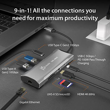 j5create Laptop Docking Station, 9-in-1, 4K60Hz HDMI, USB-C 10Gbps, 2 USB-A 10Gbps, 100W PD with USB-C 5Gbps, Ethernet, SD 4.0 Card Reader, for MacBook, XPS, Surface Pro (JCD393)