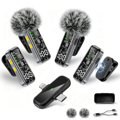4 Pack Wireless Mini Lavalier Microphones for iPhone, Android iPad | Noise Reduction & LED Digital Display, Magnetic Mini Mic for Video Recording Vlogging YouTube Podcast Interview