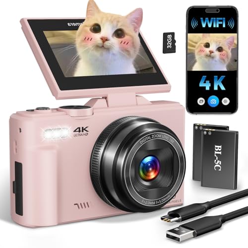 4K Digital Camera for Beginners & Teens, Compact Vlogging Camera with 180° Flip Screen, Autofocus, Easy-to-Use for Travel & YouTube, 18X Zoom, WiFi, 2 Batteries, 32GB Card - color: Deep Pink