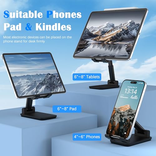 Cell Phone Stand, Adjustable Angle and Height Cell Phone Holder for Desk, Foldable and Portable, Anti-Slip Silicone Pad, Compatible with All Mobile Phones and 4-8 Inch Devices (Black&Black) - color: Black&Black