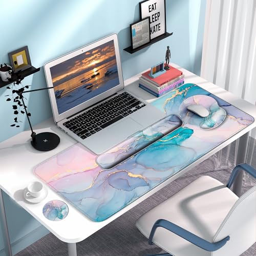 Desk Mat Set + Keyboard and Mouse Pad with Wrist Rest Support,4-in-1 Large Mousepad Computer Mats for Desktop Home & Office-Golden Blue Marble - color: Q-Marble 1