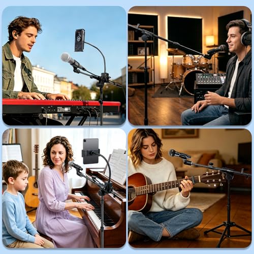 GUITTO Microphone Floor Stand with Phone/Tablet Holder, Adjustable Boom Mic Stand with Heavy-Duty Base, Dual Device Mount for Streaming, Podcasting, Recording, and Live Performances GMS-04