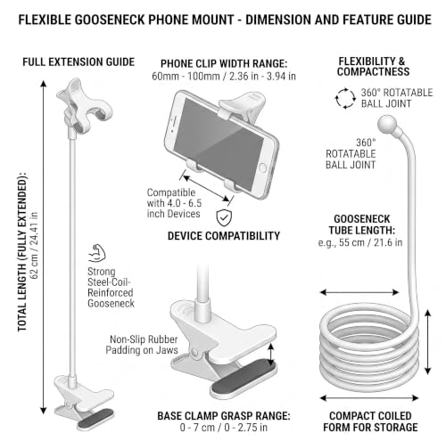 Mobile Phone Holder, Long Neck, Desktop and Bedside Mobile Phone Holder - color: black