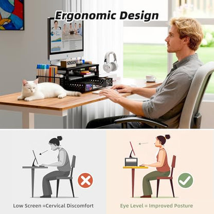 Simple Trending 2-Tier Monitor Stand Riser, Drawer & 2 Pen Holders, Black | Sturdy Material - size: 16"W x 10"D x 5.8"H