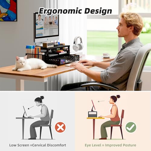 Simple Trending 2-Tier Monitor Stand Riser, Drawer & 2 Pen Holders, Black | Sturdy Material - size: 16"W x 10"D x 5.8"H