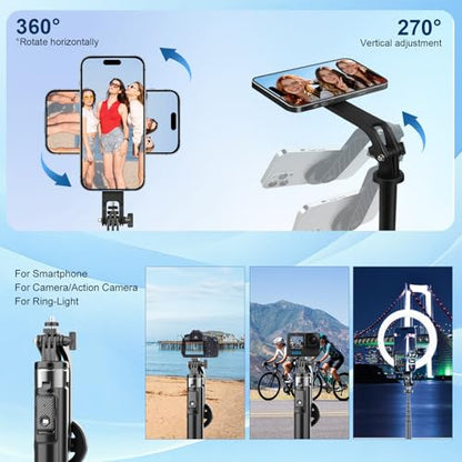 Magnetic Phone Tripod 53" Portable Selfie Stick for iPhone MagSafe GoPro Action Cameras with Rechargeable Remote Compatible with Android Travel Vlogging Live Streaming Content Creators
