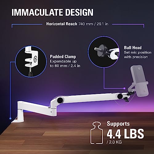 Elgato Wave Mic Arm LP White, Low Profile Boom Arm | Sits below shoulder line, 360-degree rotation, Magnetic cable channels, All-metal build, Fully adjustable mount - style: Mic Arm LP White