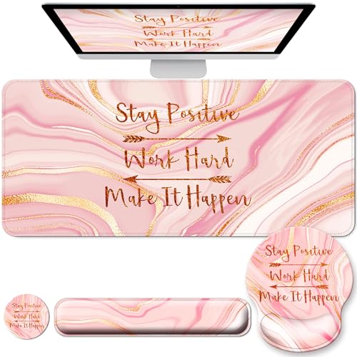 Large Mouse Pad and Keyboard Wrist Rest + Desk Mat Set,Full Long Mouse Pads for Desk Accessories with Memory Foam Gel Pink Mousepad for Women Computer Desktop Office Work-Rose Gold & Pink - color: A-Golden Rose&Pink
