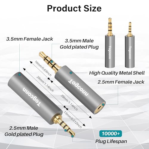 2.5mm to 3.5mm TRRS Adapter 2 Pack,2.5mm Male to 3.5mm Female/3.5 mm Male to 2.5 mm Female Audio Jack Converter Connector Stereo/Mono Auxiliary Plug for phones, Headphone, Tablets Support Mic Function - style: 2 Pack