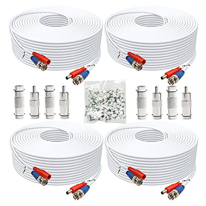 BNC Cable 50ft 4 Pack BNC Video Power Cable,Security Camera Cable for CCTV Camera DVR Security Systems(Included 8X BNC Adapters,100 Pcs Cable Clips)-White - size: 50 FT