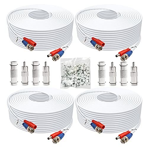 BNC Cable 200ft 4 Pack BNC Video Power Cable,Security Camera Cable for CCTV Camera DVR Security Systems(Included 8X BNC Adapters,100 Pcs Cable Clips)-White - size: 200 FT