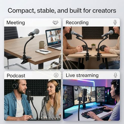 ROCKFREE Microphone Stand with 360° Rotating Base,Heavy-Duty Desk Clamp,8" Flexible Gooseneck Mic Mount,Includes 1/4" to 3/8" & 5/8" Metal Adapters for Shure,Fifine,HyperX,AT2020,Blue Snowball,Razer