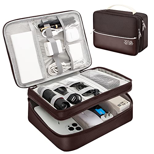 SELLYFELLY Electronics Travel Organizer, Double Layer Cable Organizer Bag Watreproof Electronics Accessories Storage Bag for Cord, Charger, Phone, Power Bank, Kindle, Hard Drive - color: Double-Coffee